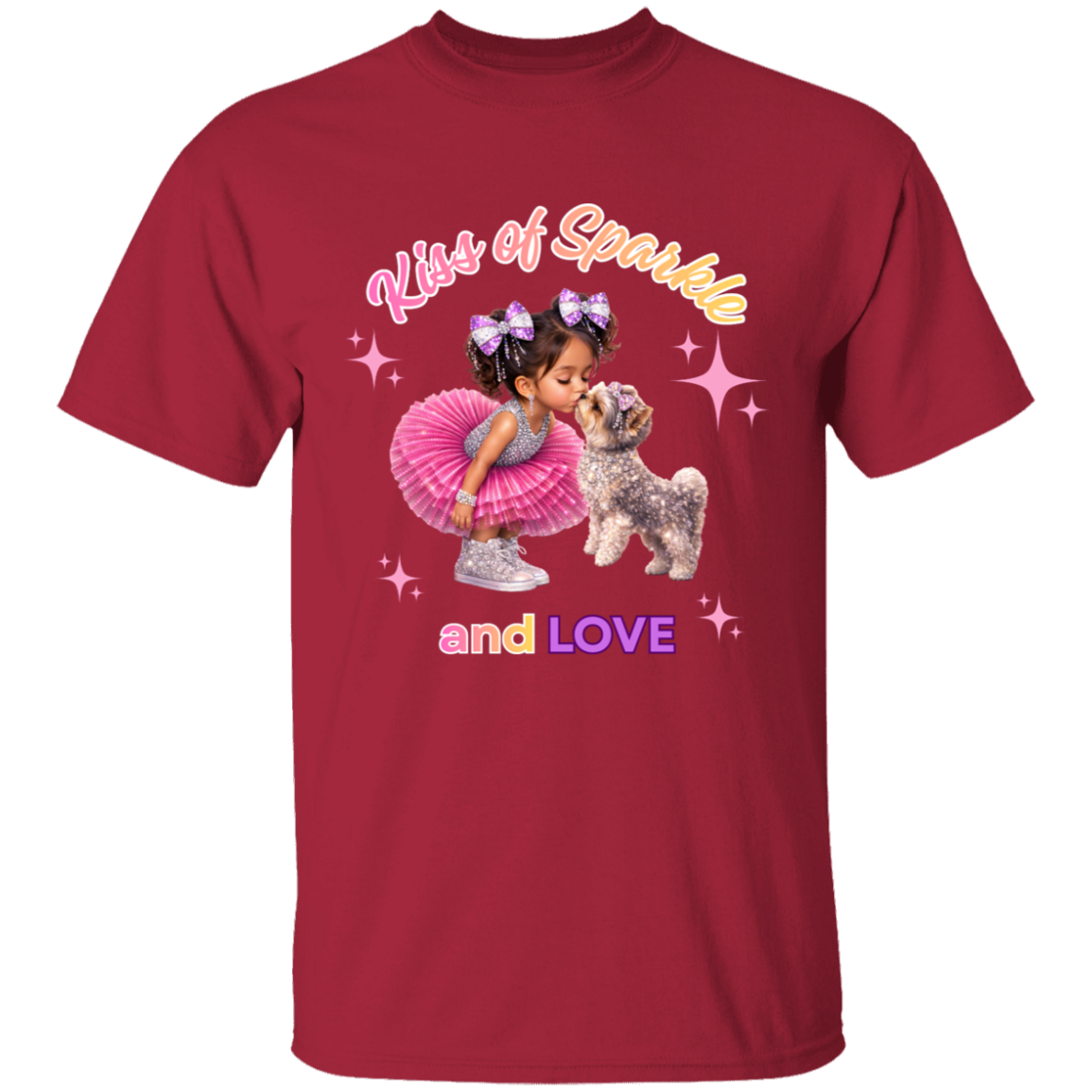 Cardinal t-shirt 'Kiss of Sparkle and Love' design featuring an adorable little girl sharing a sweet kiss with her precious puppy companion, surrounded by shimmering stars and dressed in playful pink and purple hues on a transparent background