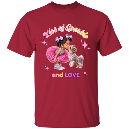 Cardinal t-shirt 'Kiss of Sparkle and Love' design featuring an adorable little girl sharing a sweet kiss with her precious puppy companion, surrounded by shimmering stars and dressed in playful pink and purple hues on a transparent background