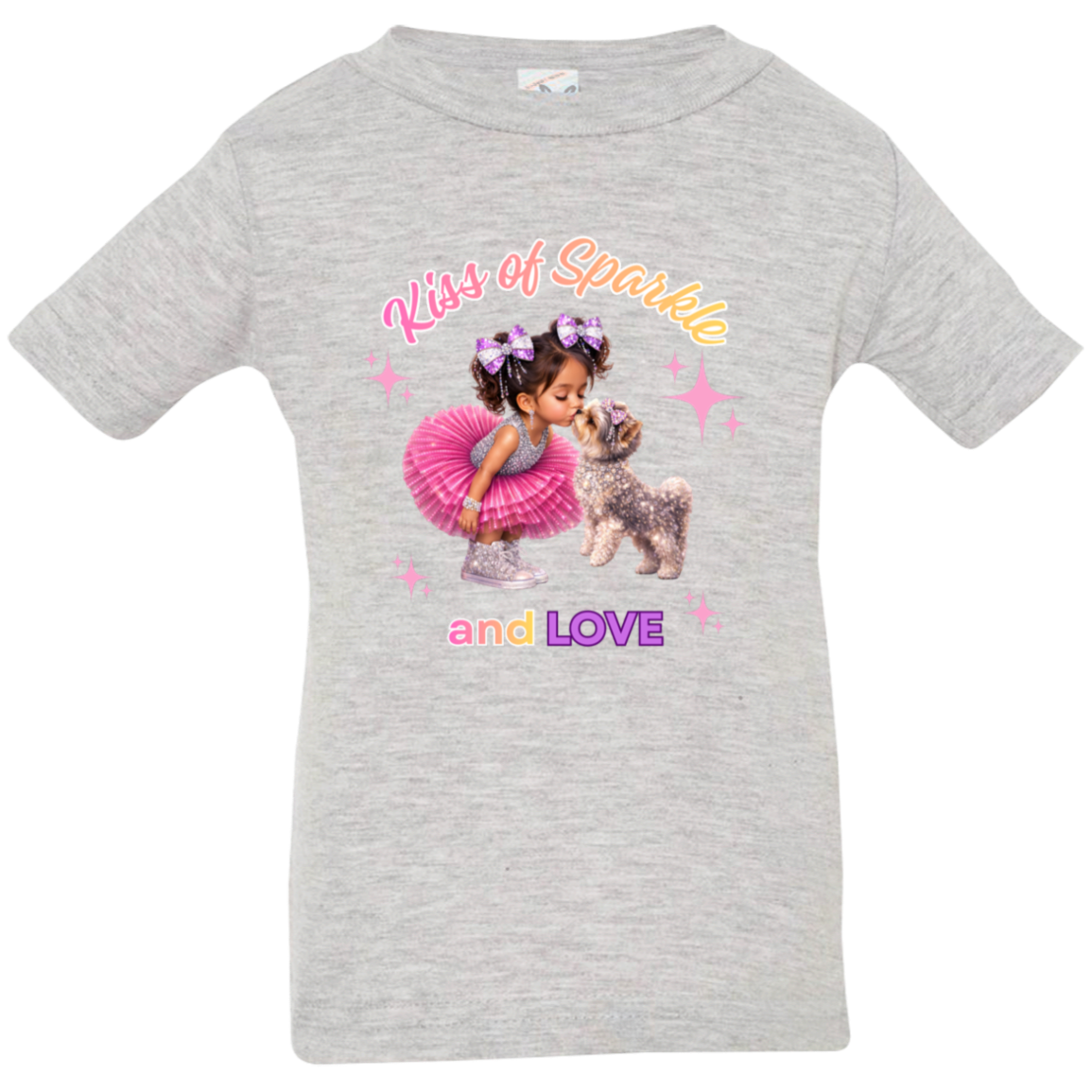 Heather Grey toddler t-shirt 'Kiss of Sparkle and Love' design featuring an adorable little girl sharing a sweet kiss with her precious puppy companion, surrounded by shimmering stars and dressed in playful pink and purple hue on a transparent background