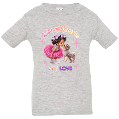 Heather Grey toddler t-shirt 'Kiss of Sparkle and Love' design featuring an adorable little girl sharing a sweet kiss with her precious puppy companion, surrounded by shimmering stars and dressed in playful pink and purple hue on a transparent background