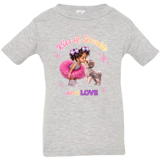 Heather Grey toddler t-shirt 'Kiss of Sparkle and Love' design featuring an adorable little girl sharing a sweet kiss with her precious puppy companion, surrounded by shimmering stars and dressed in playful pink and purple hue on a transparent background