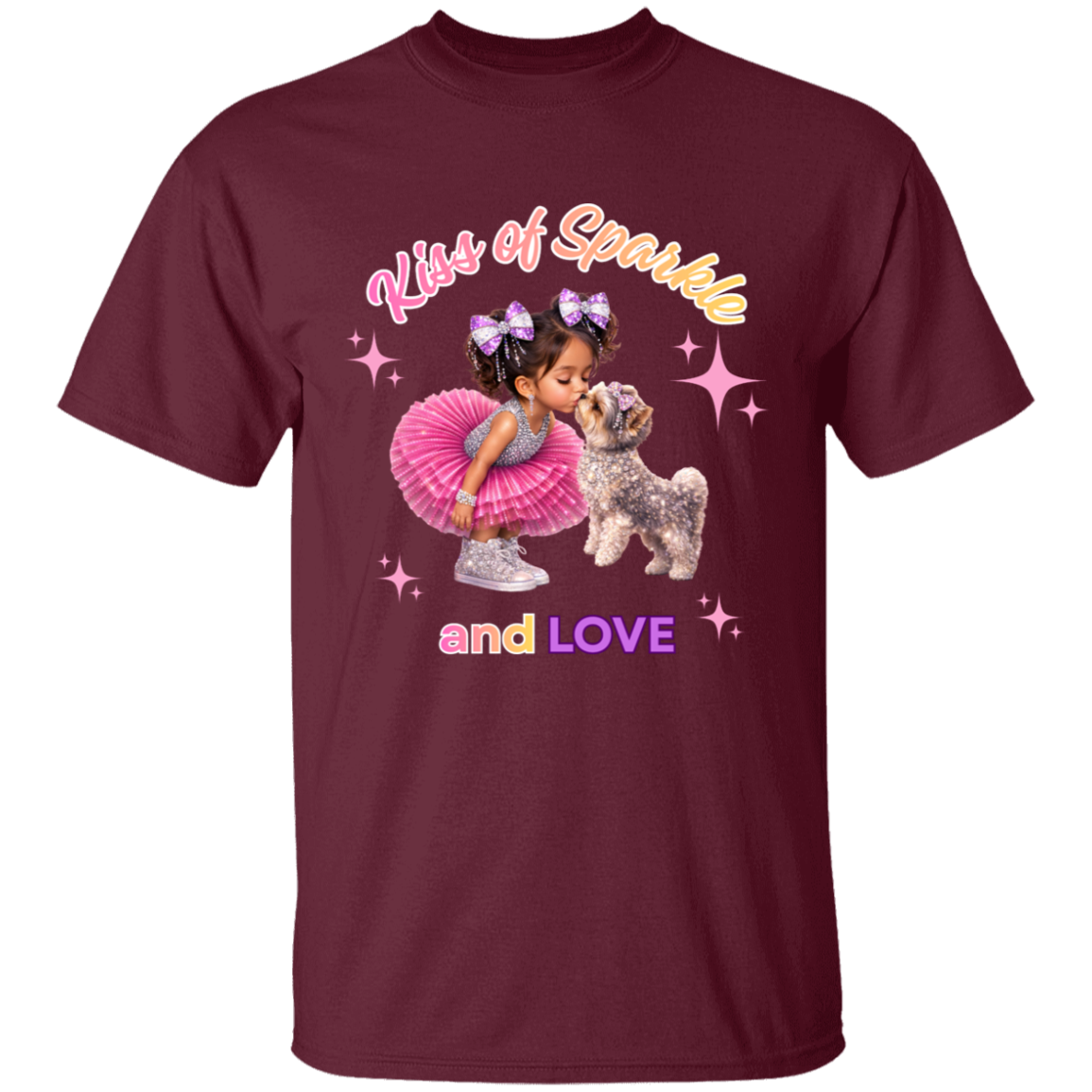 Maroon t-shirt 'Kiss of Sparkle and Love' design featuring an adorable little girl sharing a sweet kiss with her precious puppy companion, surrounded by shimmering stars and dressed in playful pink and purple hues on a transparent background