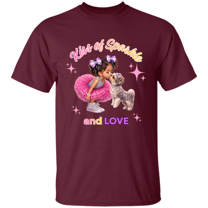 Maroon t-shirt 'Kiss of Sparkle and Love' design featuring an adorable little girl sharing a sweet kiss with her precious puppy companion, surrounded by shimmering stars and dressed in playful pink and purple hues on a transparent background