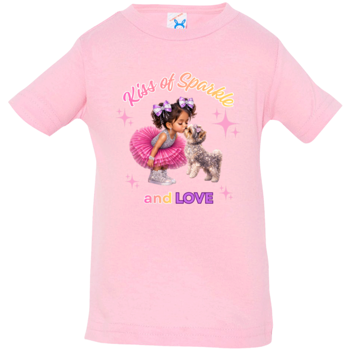 Pink toddler t-shirt 'Kiss of Sparkle and Love' design featuring an adorable little girl sharing a sweet kiss with her precious puppy companion, surrounded by shimmering stars and dressed in playful pink and purple hue on a transparent background