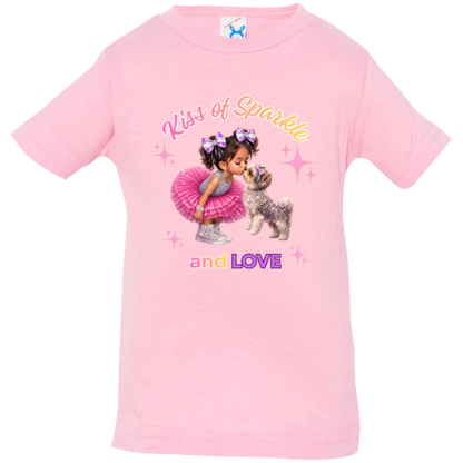 Pink toddler t-shirt 'Kiss of Sparkle and Love' design featuring an adorable little girl sharing a sweet kiss with her precious puppy companion, surrounded by shimmering stars and dressed in playful pink and purple hue on a transparent background