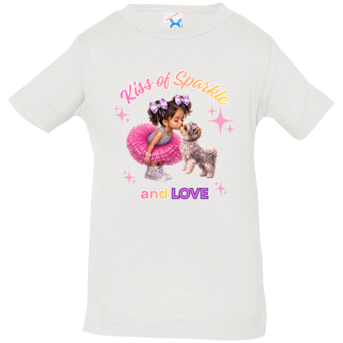 White toddler t-shirt 'Kiss of Sparkle and Love' design featuring an adorable little girl sharing a sweet kiss with her precious puppy companion, surrounded by shimmering stars and dressed in playful pink and purple hue on a transparent background