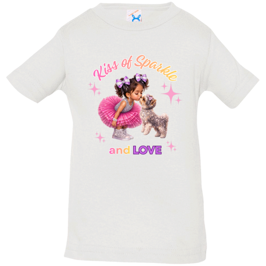 White toddler t-shirt 'Kiss of Sparkle and Love' design featuring an adorable little girl sharing a sweet kiss with her precious puppy companion, surrounded by shimmering stars and dressed in playful pink and purple hue on a transparent background