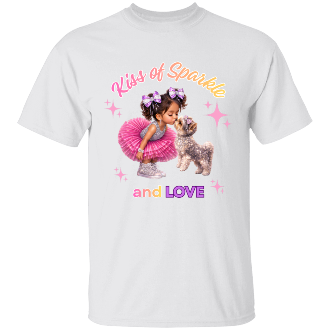 White t-shirt 'Kiss of Sparkle and Love' design featuring an adorable little girl sharing a sweet kiss with her precious puppy companion, surrounded by shimmering stars and dressed in playful pink and purple hues on a transparent background