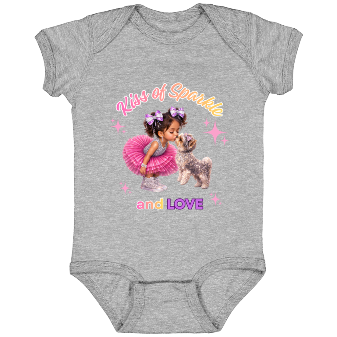 Heather Grey onesie 'Kiss of Sparkle and Love' design featuring an adorable little girl sharing a sweet kiss with her precious puppy companion, surrounded by shimmering stars and dressed in playful pink and purple hue on a transparent background