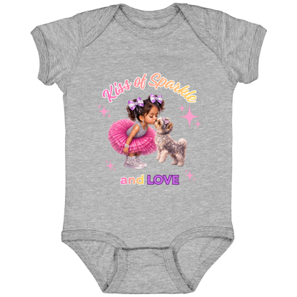 Heather Grey onesie 'Kiss of Sparkle and Love' design featuring an adorable little girl sharing a sweet kiss with her precious puppy companion, surrounded by shimmering stars and dressed in playful pink and purple hue on a transparent background