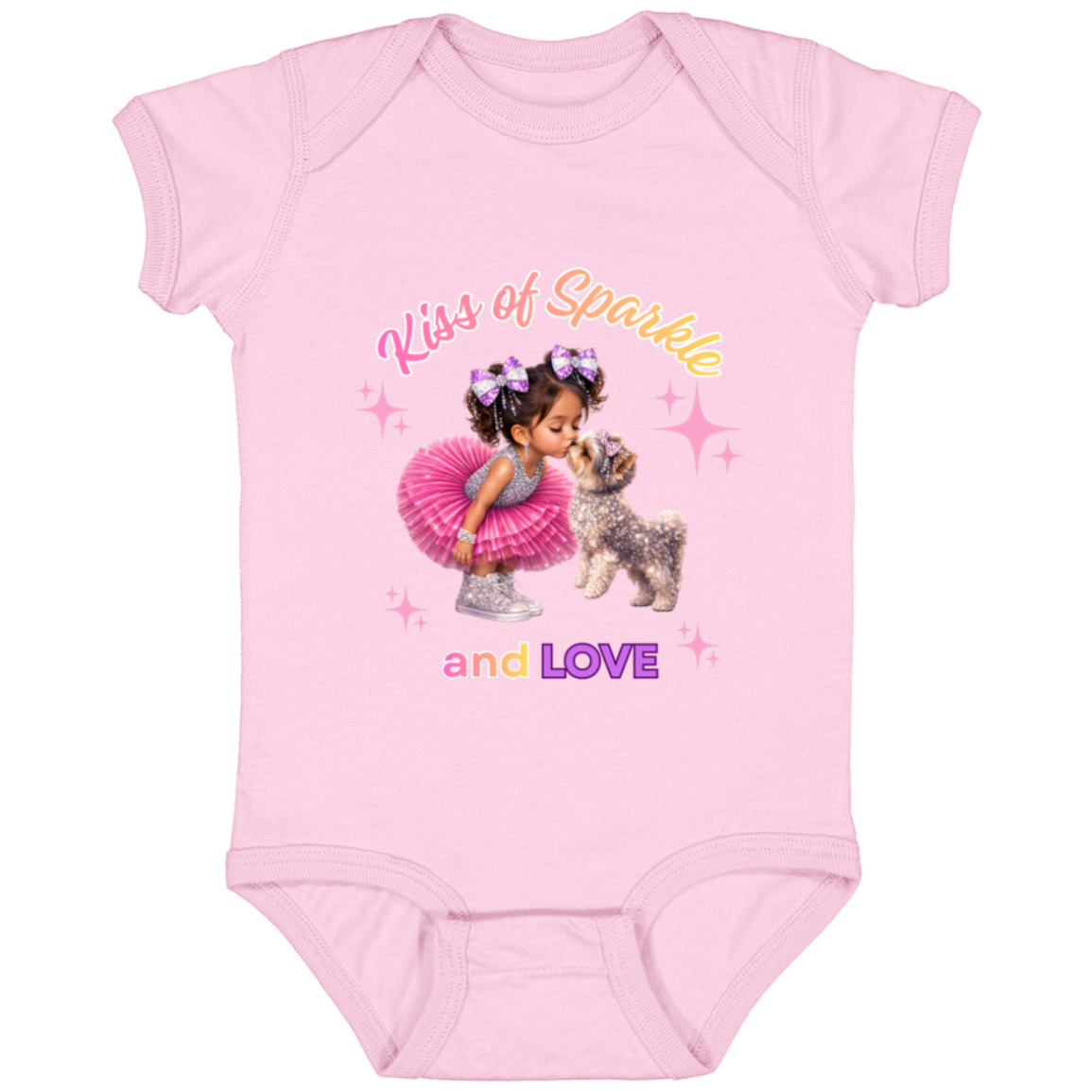 Pink onesie 'Kiss of Sparkle and Love' design featuring an adorable little girl sharing a sweet kiss with her precious puppy companion, surrounded by shimmering stars and dressed in playful pink and purple hue on a transparent background