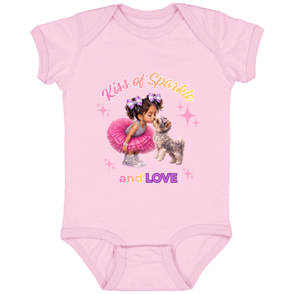 Pink onesie 'Kiss of Sparkle and Love' design featuring an adorable little girl sharing a sweet kiss with her precious puppy companion, surrounded by shimmering stars and dressed in playful pink and purple hue on a transparent background
