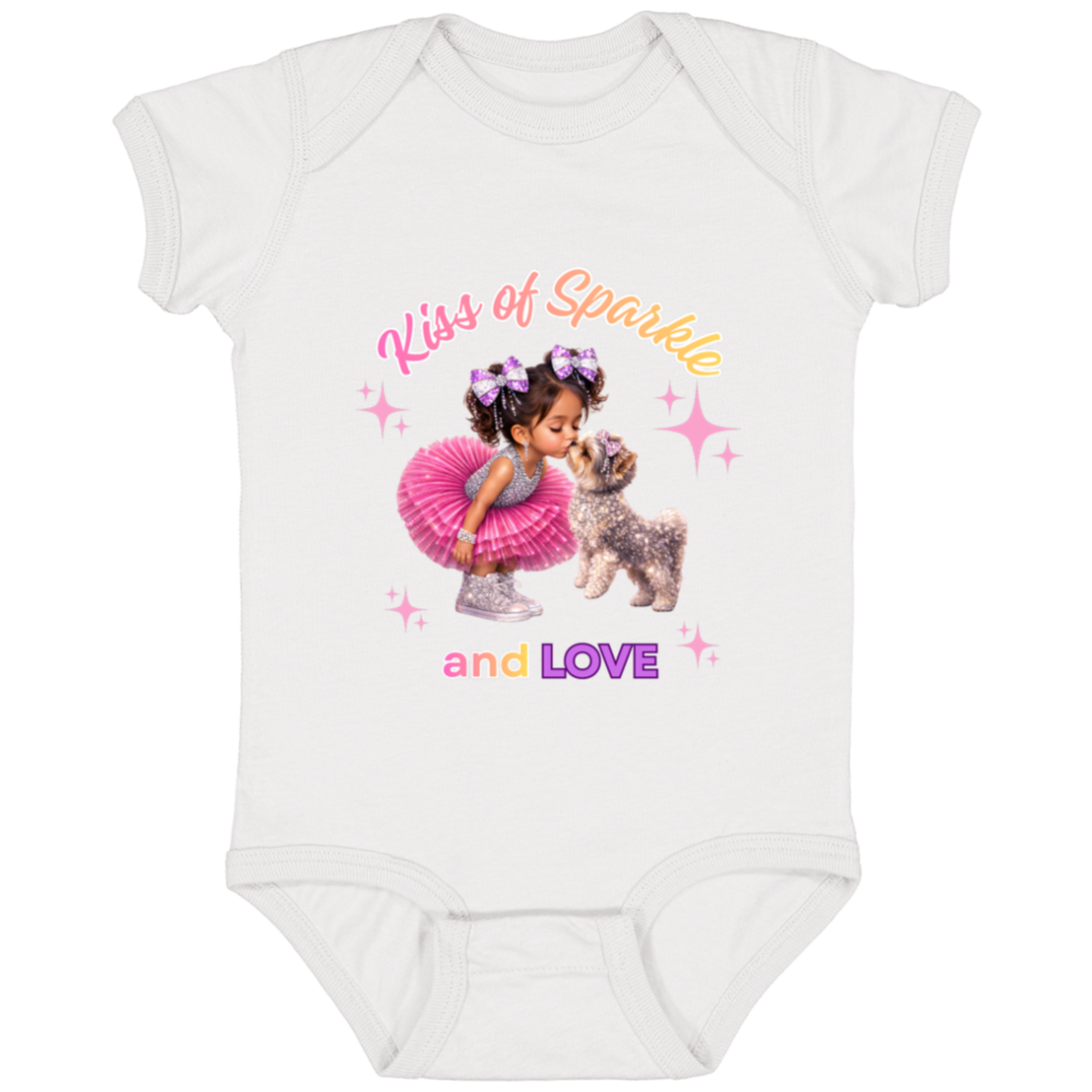 White onesie 'Kiss of Sparkle and Love' design featuring an adorable little girl sharing a sweet kiss with her precious puppy companion, surrounded by shimmering stars and dressed in playful pink and purple hue on a transparent background
