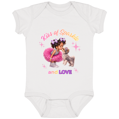 White onesie 'Kiss of Sparkle and Love' design featuring an adorable little girl sharing a sweet kiss with her precious puppy companion, surrounded by shimmering stars and dressed in playful pink and purple hue on a transparent background