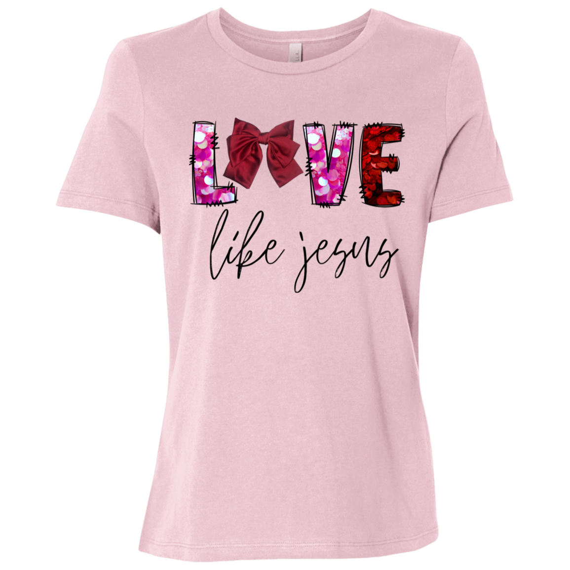 Pink t-shirt with 'LOVE life Jesus' t-shirt featuring a stunning bow integrated into the word LOVE