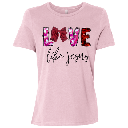 Pink t-shirt with 'LOVE life Jesus' t-shirt featuring a stunning bow integrated into the word LOVE