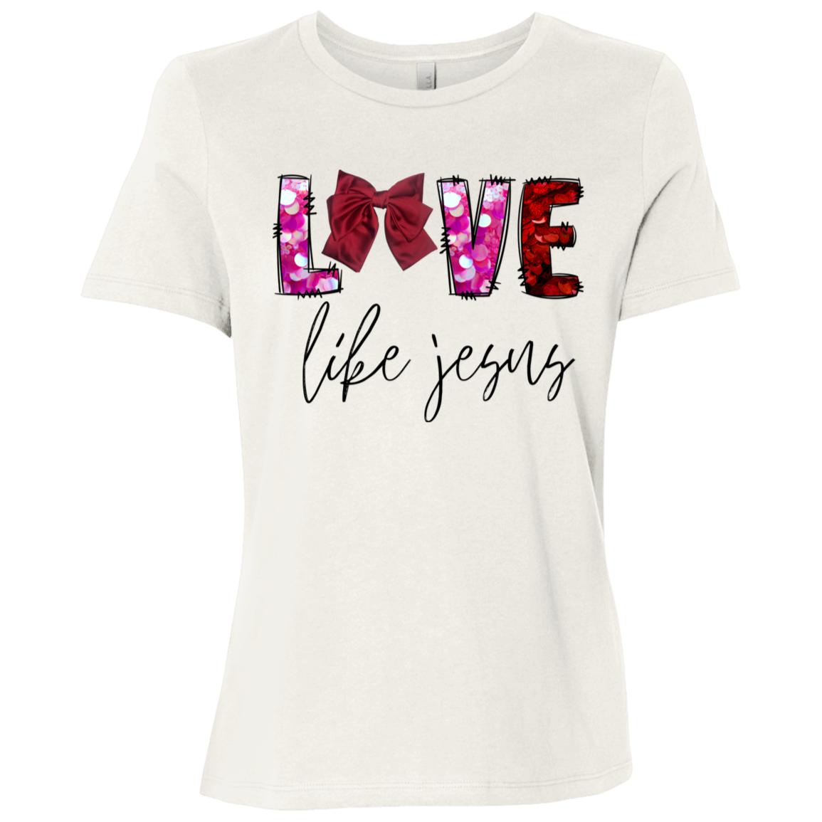 Vintage White t-shirt with 'LOVE life Jesus' t-shirt featuring a stunning bow integrated into the word LOVE