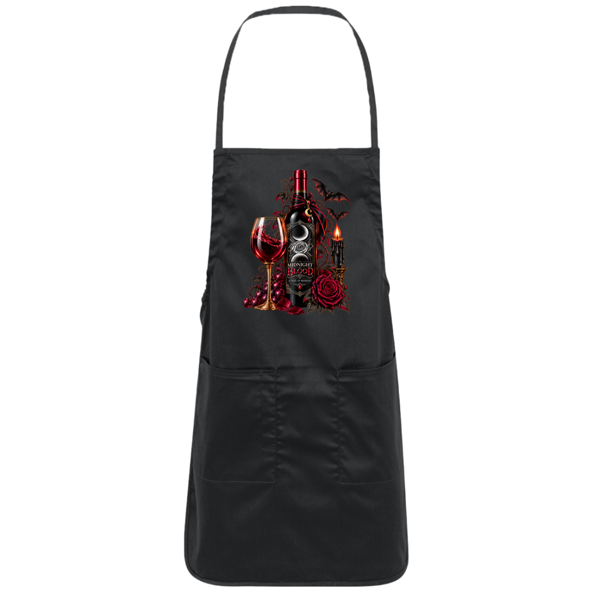 Black Gothic Halloween wine-inspired design featuring an ornate black bottle labeled “Midnight Blood,” a glass of red wine, crimson roses, dark vines, bats, a crescent moon, glowing black candle, and elegant black, red, gold, and silver details on a transparent background