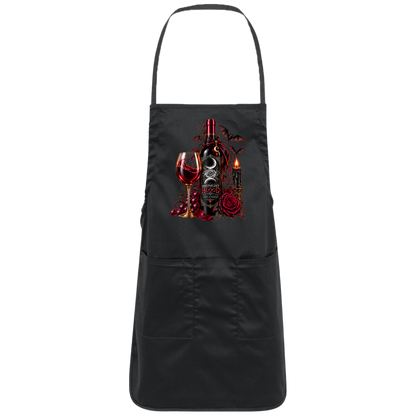 Black Gothic Halloween wine-inspired design featuring an ornate black bottle labeled “Midnight Blood,” a glass of red wine, crimson roses, dark vines, bats, a crescent moon, glowing black candle, and elegant black, red, gold, and silver details on a transparent background
