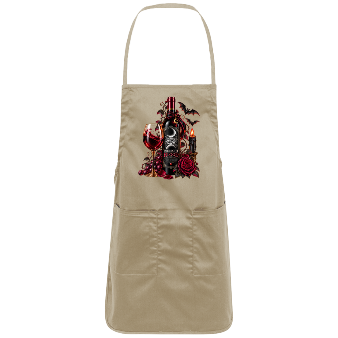 Khaki Gothic Halloween wine-inspired design featuring an ornate black bottle labeled “Midnight Blood,” a glass of red wine, crimson roses, dark vines, bats, a crescent moon, glowing black candle, and elegant black, red, gold, and silver details on a transparent background