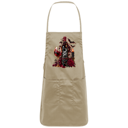 Khaki Gothic Halloween wine-inspired design featuring an ornate black bottle labeled “Midnight Blood,” a glass of red wine, crimson roses, dark vines, bats, a crescent moon, glowing black candle, and elegant black, red, gold, and silver details on a transparent background