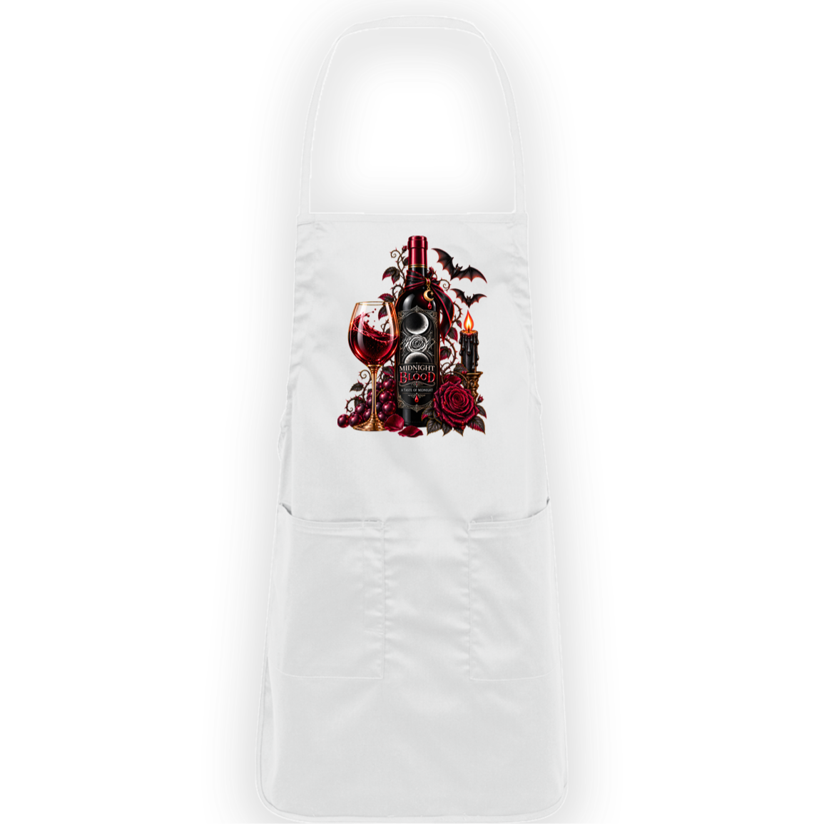 White Gothic Halloween wine-inspired design featuring an ornate black bottle labeled “Midnight Blood,” a glass of red wine, crimson roses, dark vines, bats, a crescent moon, glowing black candle, and elegant black, red, gold, and silver details on a transparent background