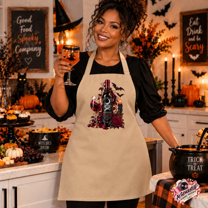 A woman wearing a khaki Halloween apron with a gothic wine bottle and rose graphic stands in a decorated kitchen, holding a wine glass. The apron features a graphic of a wine bottle, wine glass, roses, and bats.