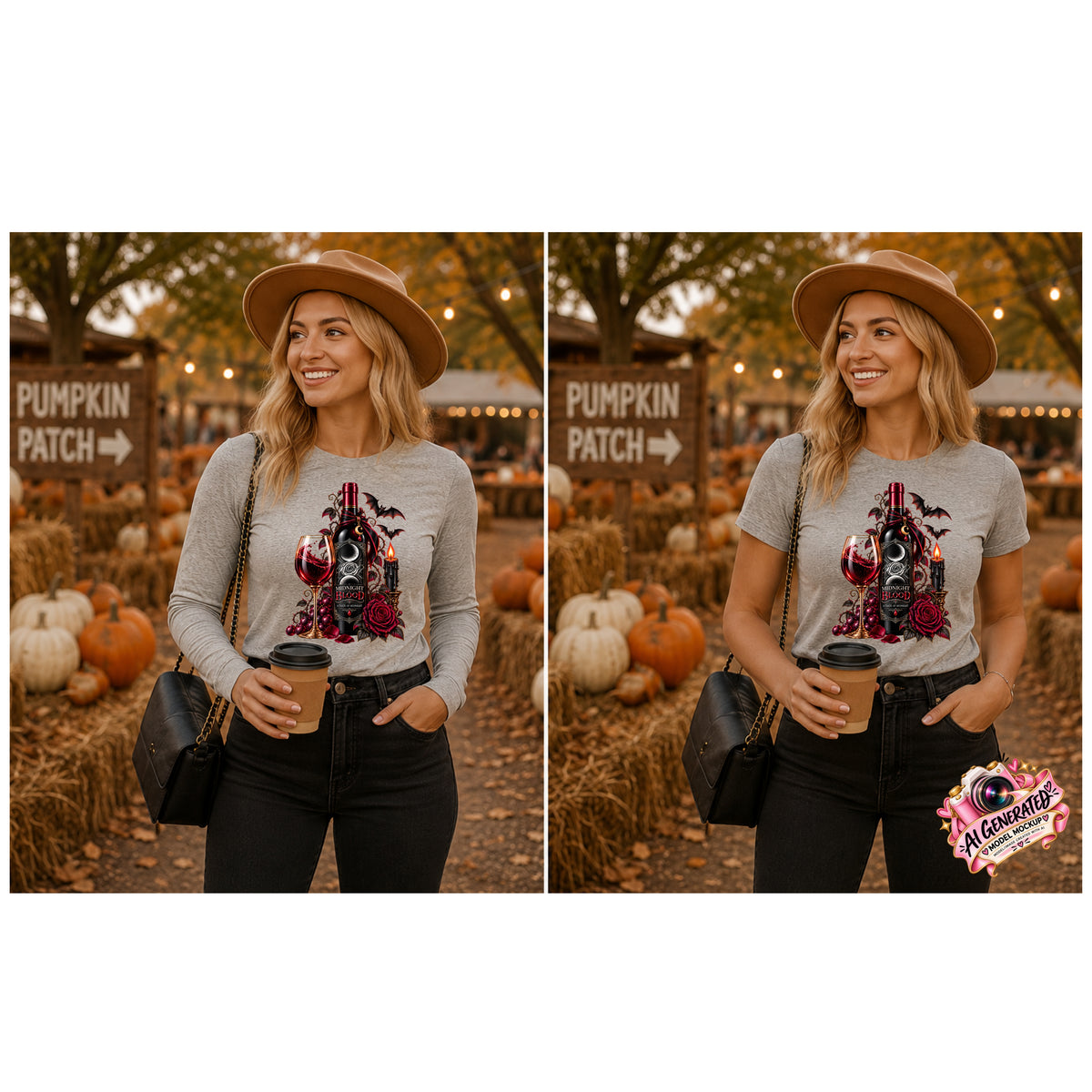 A side-by-side comparison of a woman wearing a light gray long-sleeve and a t-shirt with a graphic print of a Gothic Halloween wine-inspired design featuring an ornate black bottle labeled “Midnight Blood,” a glass of red wine, crimson roses, dark vines, bats, a crescent moon, glowing black candle, and elegant black, red, gold, and silver details, paired with black jeans and a brown wide-brim hat, standing in an autumn pumpkin patch setting.