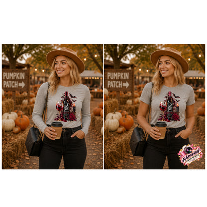 A side-by-side comparison of a woman wearing a light gray long-sleeve and a t-shirt with a graphic print of a Gothic Halloween wine-inspired design featuring an ornate black bottle labeled “Midnight Blood,” a glass of red wine, crimson roses, dark vines, bats, a crescent moon, glowing black candle, and elegant black, red, gold, and silver details, paired with black jeans and a brown wide-brim hat, standing in an autumn pumpkin patch setting.