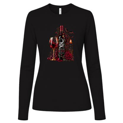 Black long sleeve shirt with a Gothic Halloween wine-inspired design featuring an ornate black bottle labeled “Midnight Blood,” a glass of red wine, crimson roses, dark vines, bats, a crescent moon, glowing black candle, and elegant black, red, gold, and silver details on a transparent background