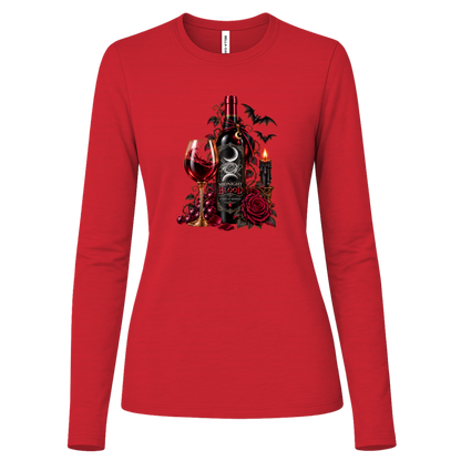 Red long sleeve shirt with a Gothic Halloween wine-inspired design featuring an ornate black bottle labeled “Midnight Blood,” a glass of red wine, crimson roses, dark vines, bats, a crescent moon, glowing black candle, and elegant black, red, gold, and silver details on a transparent background
