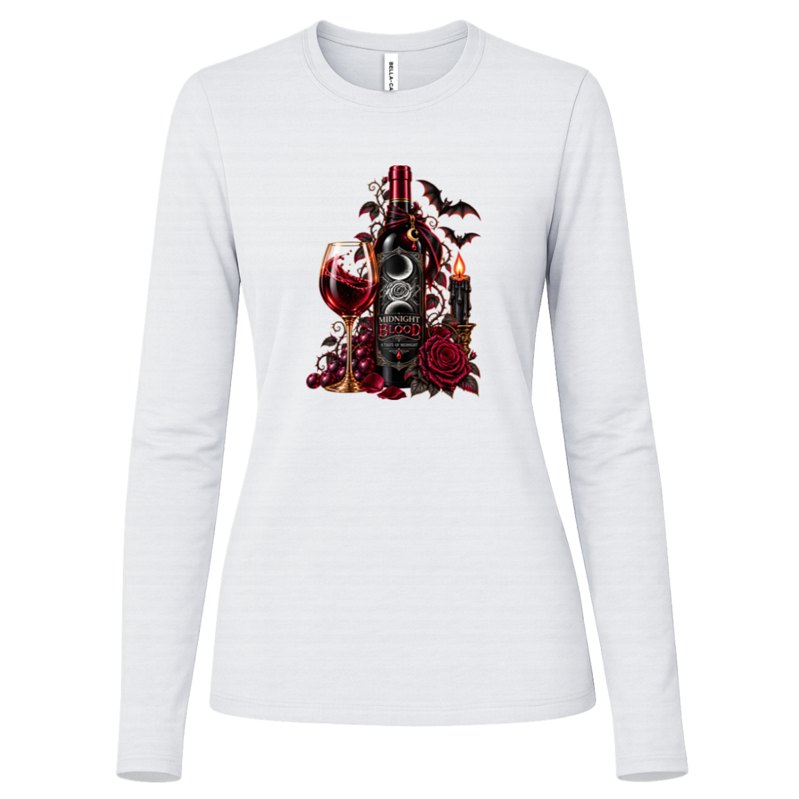 White long sleeve shirt with a Gothic Halloween wine-inspired design featuring an ornate black bottle labeled “Midnight Blood,” a glass of red wine, crimson roses, dark vines, bats, a crescent moon, glowing black candle, and elegant black, red, gold, and silver details on a transparent background