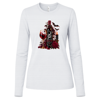 White long sleeve shirt with a Gothic Halloween wine-inspired design featuring an ornate black bottle labeled “Midnight Blood,” a glass of red wine, crimson roses, dark vines, bats, a crescent moon, glowing black candle, and elegant black, red, gold, and silver details on a transparent background