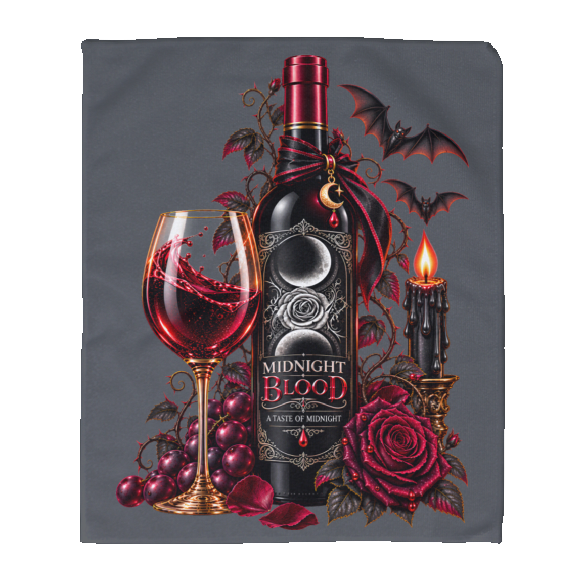 Grey Gothic Halloween wine-inspired design featuring an ornate black bottle labeled “Midnight Blood,” a glass of red wine, crimson roses, dark vines, bats, a crescent moon, glowing black candle, and elegant black, red, gold, and silver details on a transparent background
