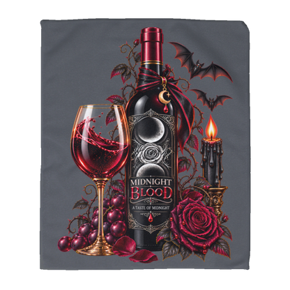 Grey Gothic Halloween wine-inspired design featuring an ornate black bottle labeled “Midnight Blood,” a glass of red wine, crimson roses, dark vines, bats, a crescent moon, glowing black candle, and elegant black, red, gold, and silver details on a transparent background