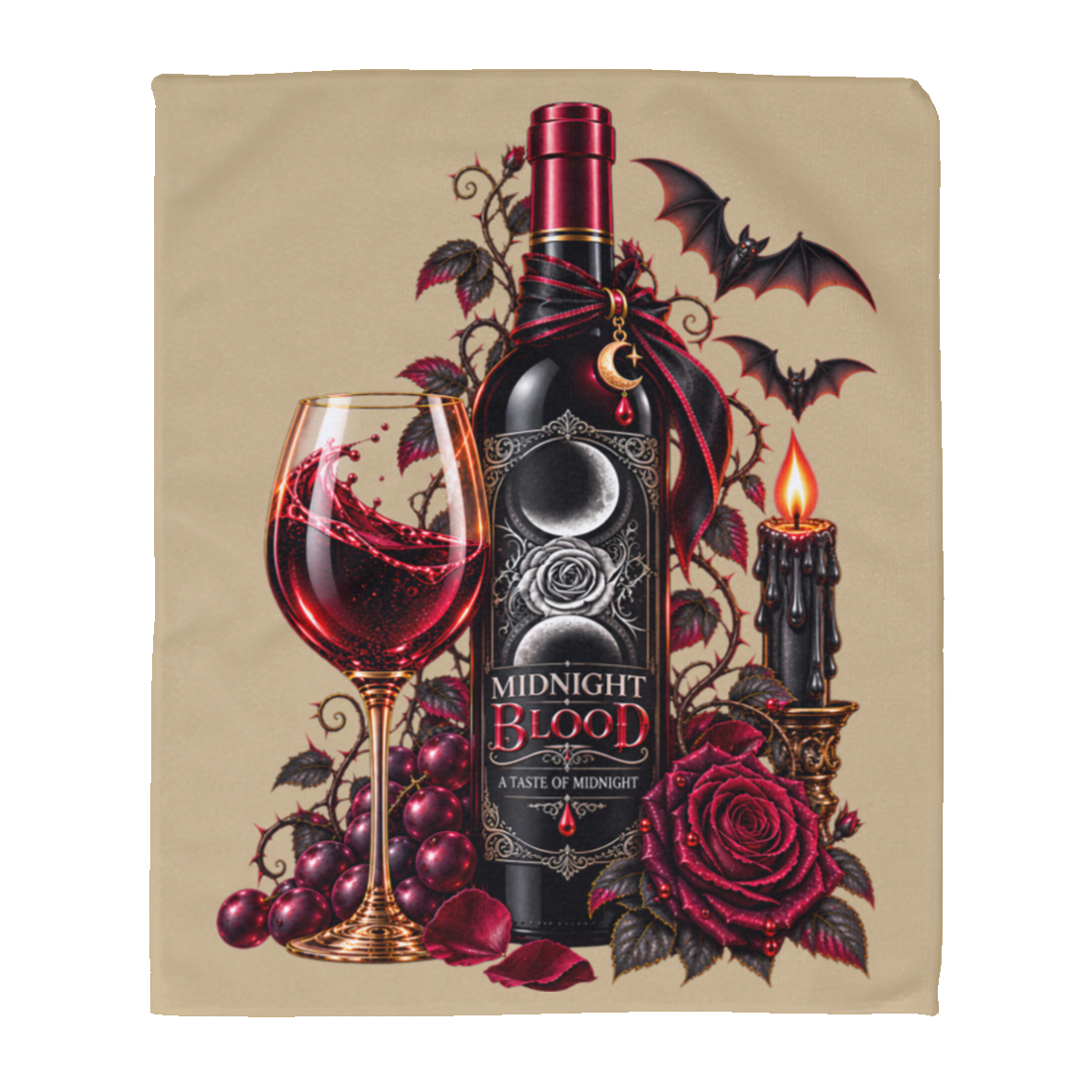 Tan Gothic Halloween wine-inspired design featuring an ornate black bottle labeled “Midnight Blood,” a glass of red wine, crimson roses, dark vines, bats, a crescent moon, glowing black candle, and elegant black, red, gold, and silver details on a transparent background