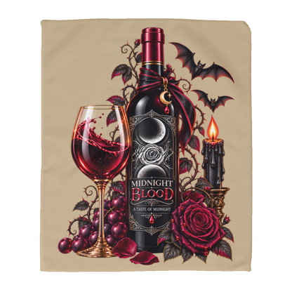 Tan Gothic Halloween wine-inspired design featuring an ornate black bottle labeled “Midnight Blood,” a glass of red wine, crimson roses, dark vines, bats, a crescent moon, glowing black candle, and elegant black, red, gold, and silver details on a transparent background
