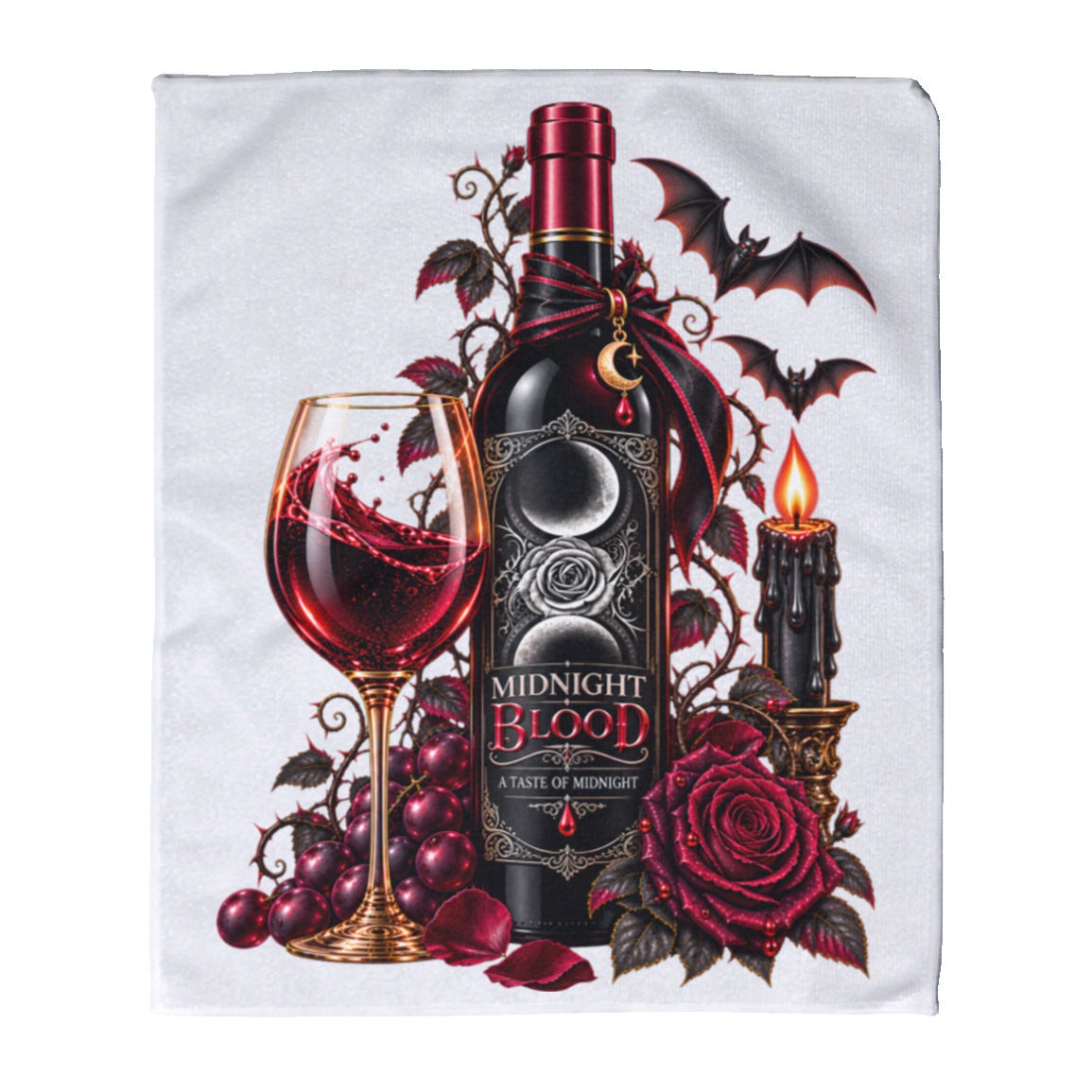 White Gothic Halloween wine-inspired design featuring an ornate black bottle labeled “Midnight Blood,” a glass of red wine, crimson roses, dark vines, bats, a crescent moon, glowing black candle, and elegant black, red, gold, and silver details on a transparent background