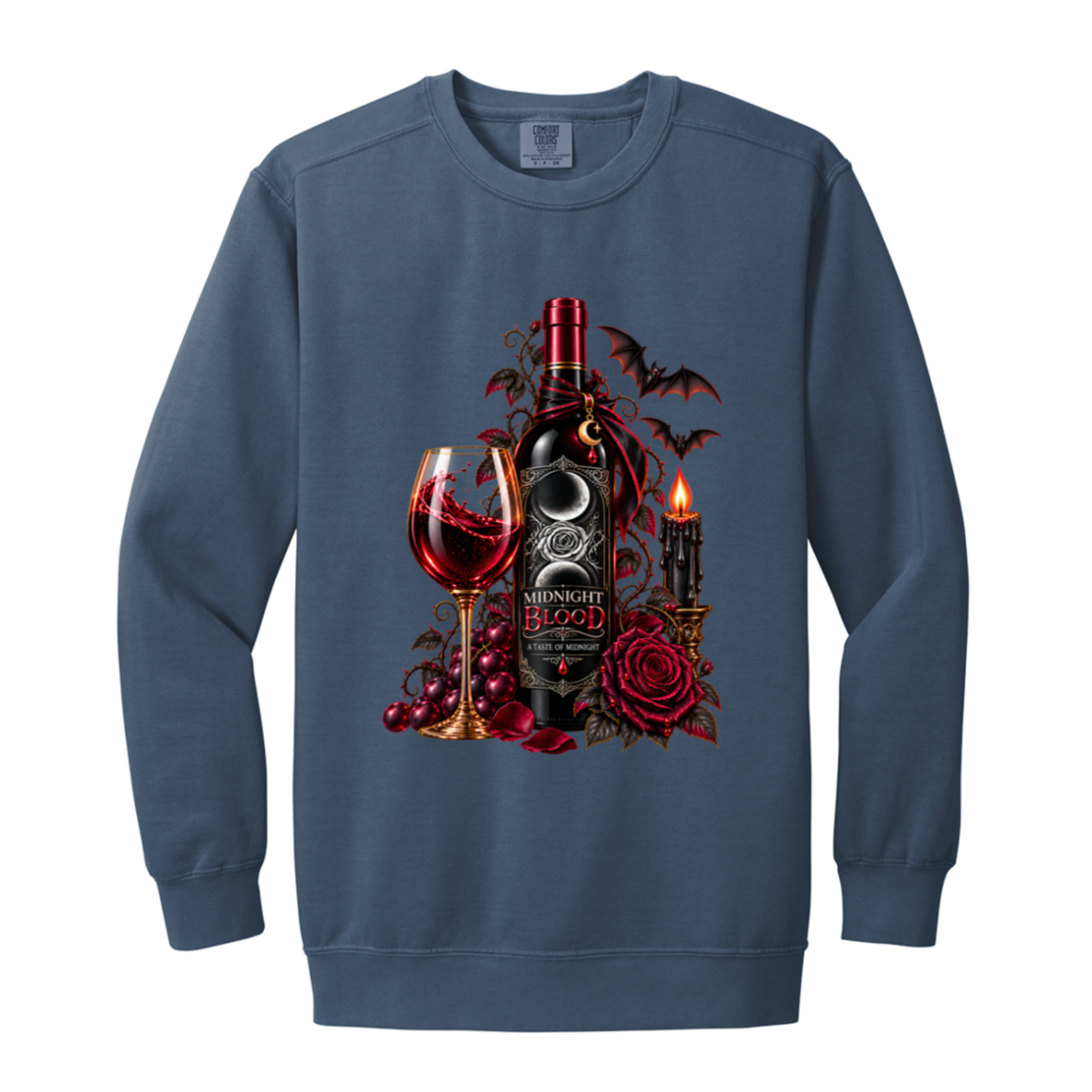 Blue Jean sweatshirt with a Gothic Halloween wine-inspired design featuring an ornate black bottle labeled “Midnight Blood,” a glass of red wine, crimson roses, dark vines, bats, a crescent moon, glowing black candle, and elegant black, red, gold, and silver details on a transparent background