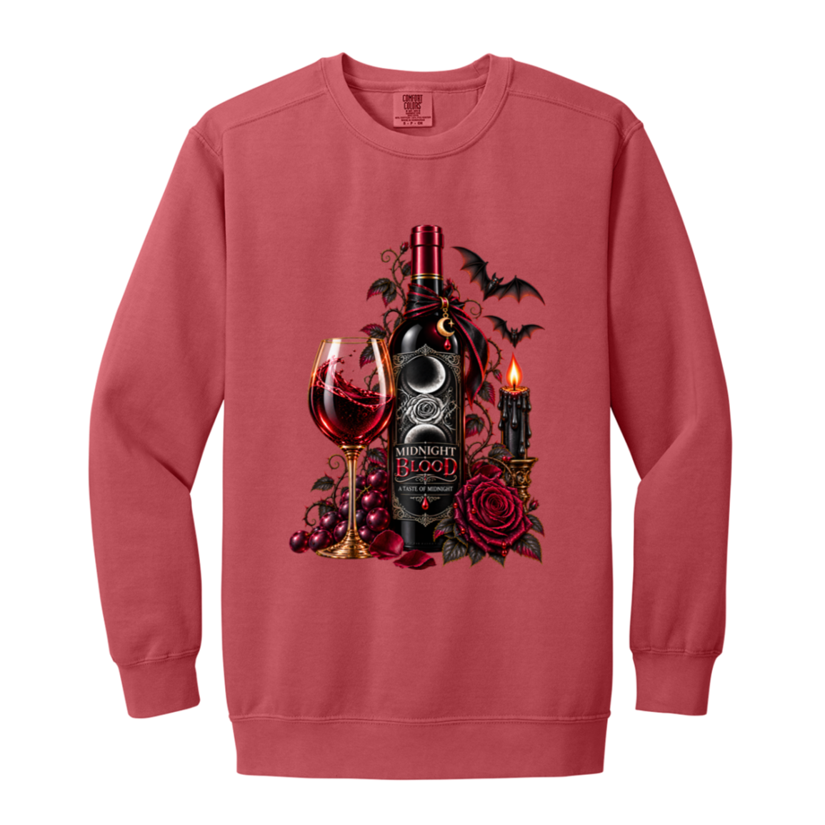 Crimson sweatshirt with a Gothic Halloween wine-inspired design featuring an ornate black bottle labeled “Midnight Blood,” a glass of red wine, crimson roses, dark vines, bats, a crescent moon, glowing black candle, and elegant black, red, gold, and silver details on a transparent background
