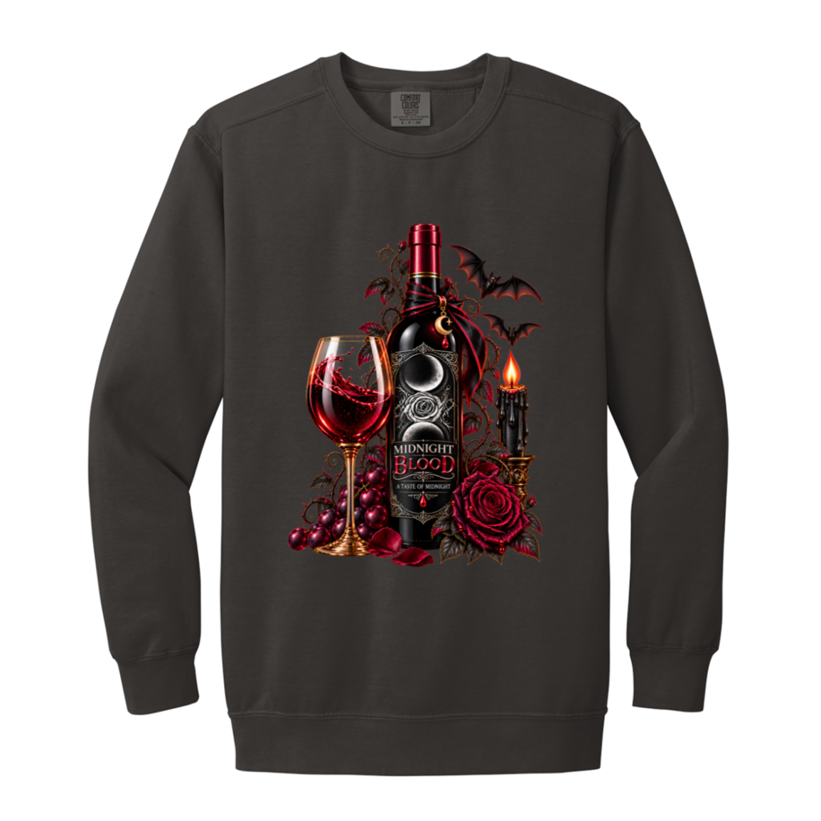 Pepper sweatshirt with a Gothic Halloween wine-inspired design featuring an ornate black bottle labeled “Midnight Blood,” a glass of red wine, crimson roses, dark vines, bats, a crescent moon, glowing black candle, and elegant black, red, gold, and silver details on a transparent background