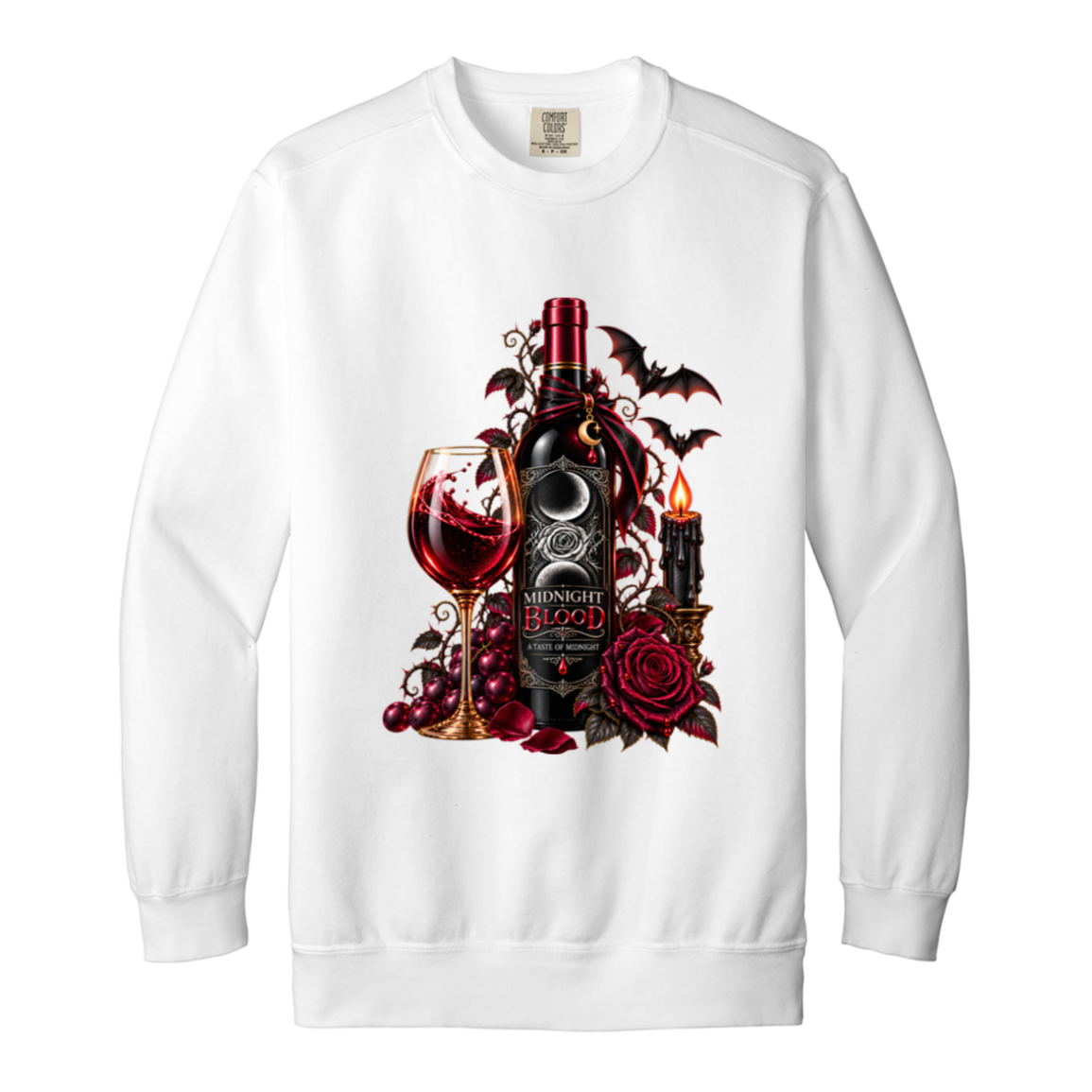 White sweatshirt with a Gothic Halloween wine-inspired design featuring an ornate black bottle labeled “Midnight Blood,” a glass of red wine, crimson roses, dark vines, bats, a crescent moon, glowing black candle, and elegant black, red, gold, and silver details on a transparent background