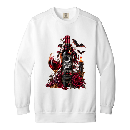 White sweatshirt with a Gothic Halloween wine-inspired design featuring an ornate black bottle labeled “Midnight Blood,” a glass of red wine, crimson roses, dark vines, bats, a crescent moon, glowing black candle, and elegant black, red, gold, and silver details on a transparent background