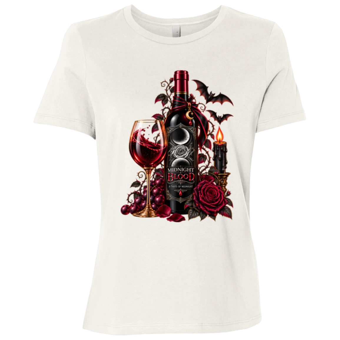 Vintage White t-shirt with a Gothic Halloween wine-inspired design featuring an ornate black bottle labeled “Midnight Blood,” a glass of red wine, crimson roses, dark vines, bats, a crescent moon, glowing black candle, and elegant black, red, gold, and silver details on a transparent background