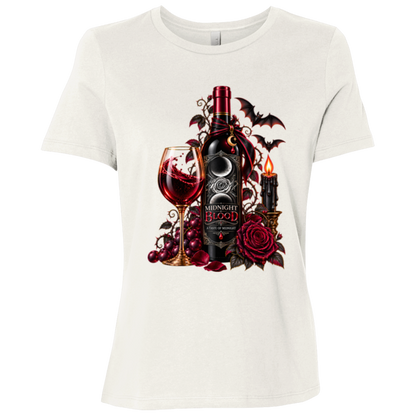 Vintage White t-shirt with a Gothic Halloween wine-inspired design featuring an ornate black bottle labeled “Midnight Blood,” a glass of red wine, crimson roses, dark vines, bats, a crescent moon, glowing black candle, and elegant black, red, gold, and silver details on a transparent background