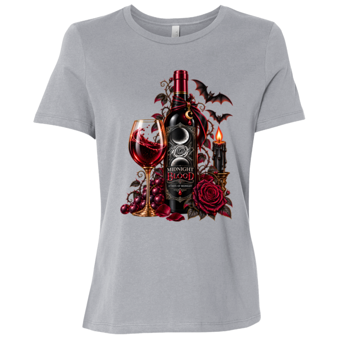 Athletic Grey t-shirt with a Gothic Halloween wine-inspired design featuring an ornate black bottle labeled “Midnight Blood,” a glass of red wine, crimson roses, dark vines, bats, a crescent moon, glowing black candle, and elegant black, red, gold, and silver details on a transparent background