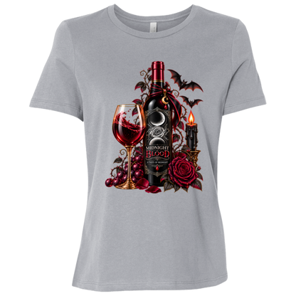 Athletic Grey t-shirt with a Gothic Halloween wine-inspired design featuring an ornate black bottle labeled “Midnight Blood,” a glass of red wine, crimson roses, dark vines, bats, a crescent moon, glowing black candle, and elegant black, red, gold, and silver details on a transparent background