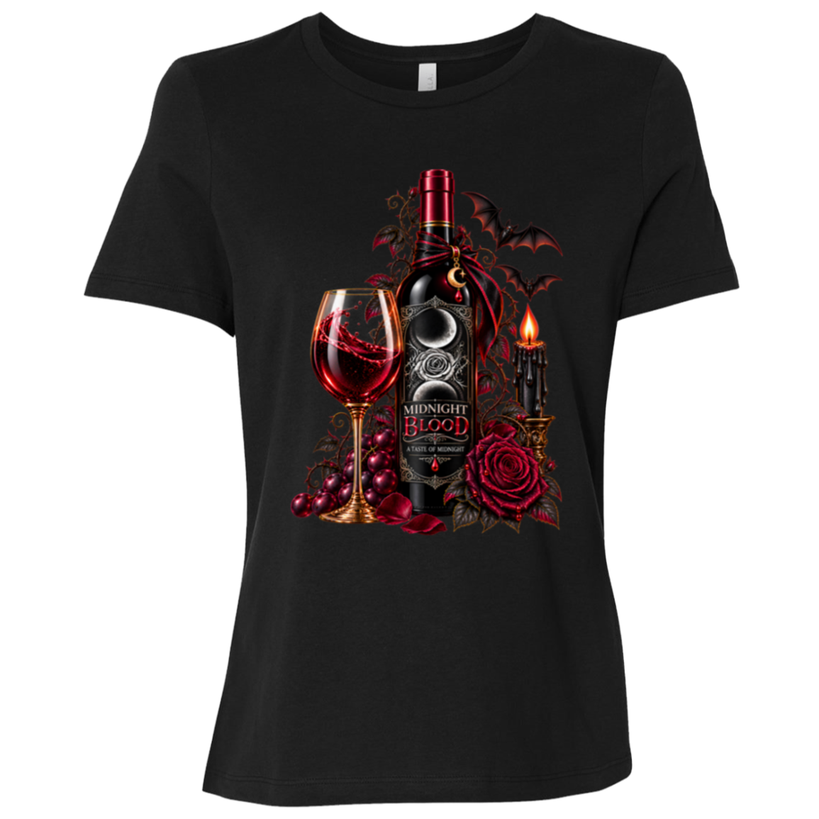Black t-shirt with a Gothic Halloween wine-inspired design featuring an ornate black bottle labeled “Midnight Blood,” a glass of red wine, crimson roses, dark vines, bats, a crescent moon, glowing black candle, and elegant black, red, gold, and silver details on a transparent background