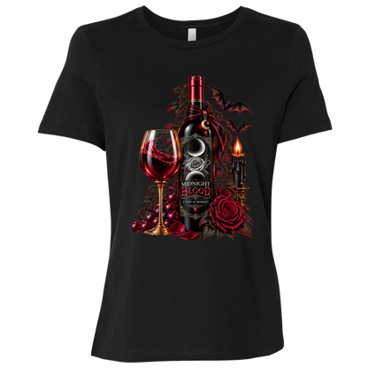 Black t-shirt with a Gothic Halloween wine-inspired design featuring an ornate black bottle labeled “Midnight Blood,” a glass of red wine, crimson roses, dark vines, bats, a crescent moon, glowing black candle, and elegant black, red, gold, and silver details on a transparent background