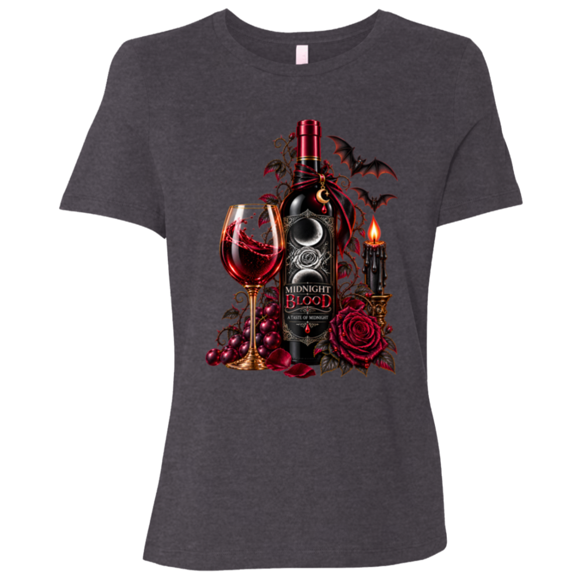 Dark Grey Heather  t-shirt with a Gothic Halloween wine-inspired design featuring an ornate black bottle labeled “Midnight Blood,” a glass of red wine, crimson roses, dark vines, bats, a crescent moon, glowing black candle, and elegant black, red, gold, and silver details on a transparent background